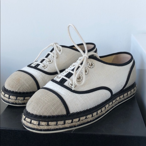 Chanel lace up cotton espadrilles beige size 35 - Picture 1 of 4